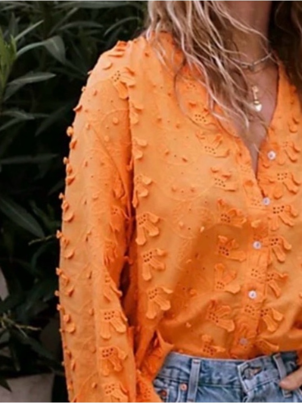 Women's Orange Textured Button-Down Shirt